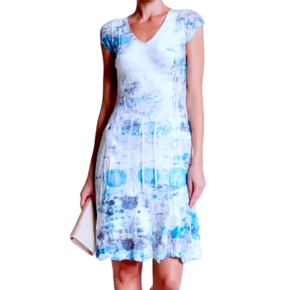 $282 KOMAROV Cap Sleeve Crinkle Dress Small V Neck Granite Blue Stretch PACKABLE